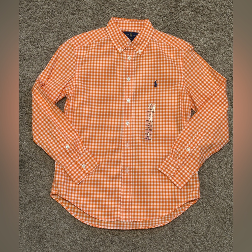 Orange and white checkered button down shirt